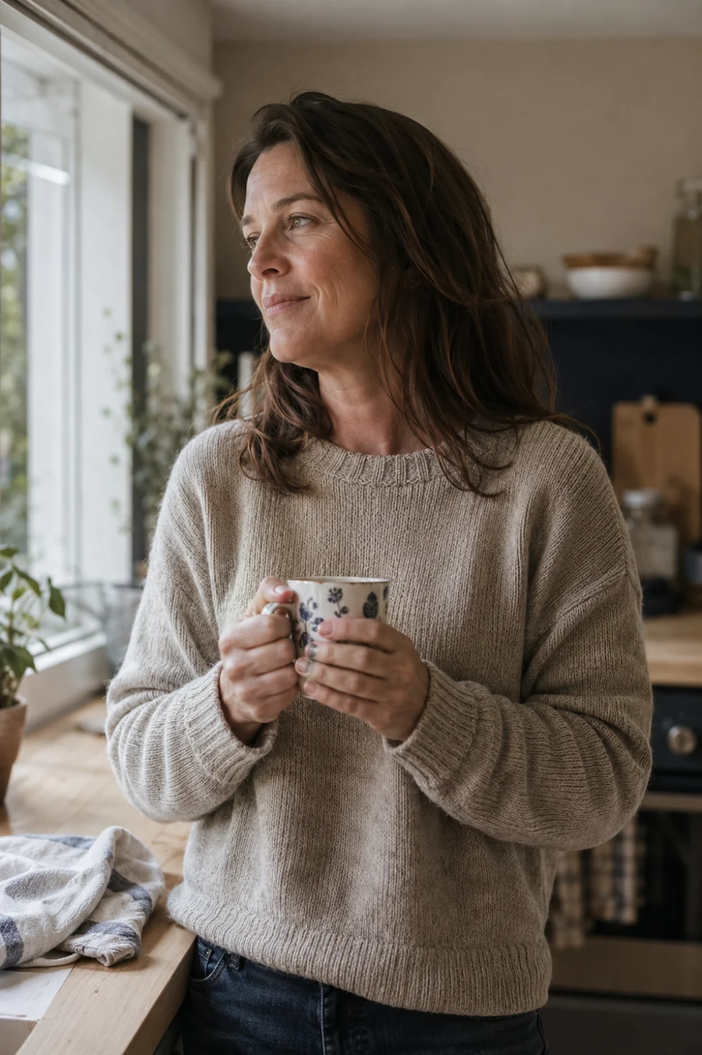 A woman in her forties standing at a sunlit kitchen counter with a mug of tea, looking out of the window
